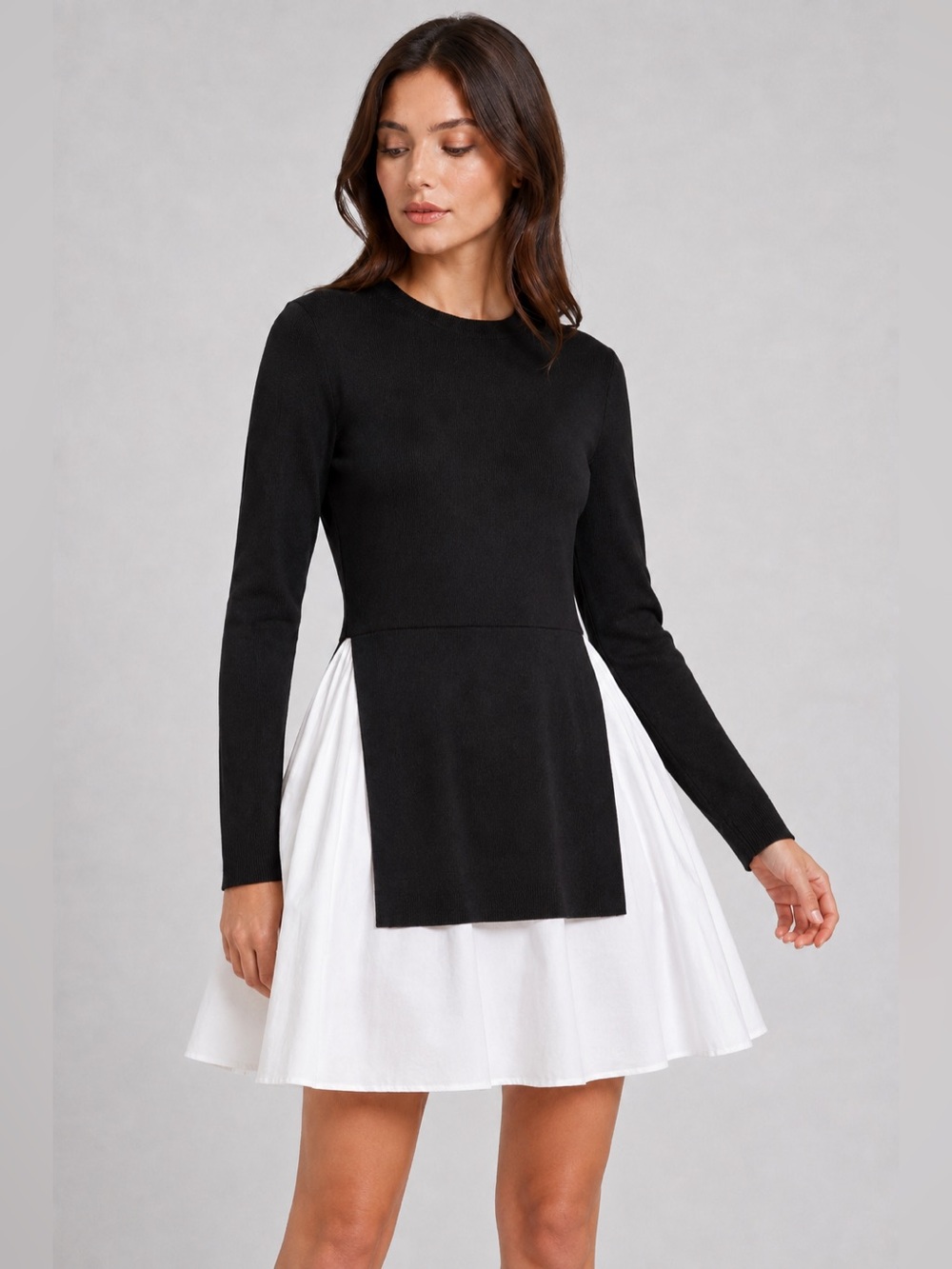 English Factory Knit Combo Mixed Media Mini Dress Black White M